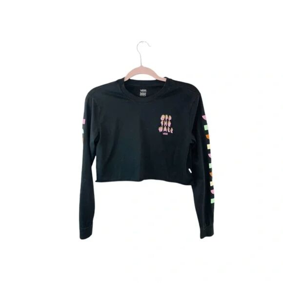 Vans Off The Wall Black Long Sleeve Crop Top with Multi-Color Checkered Sleeve - Picture 2 of 3